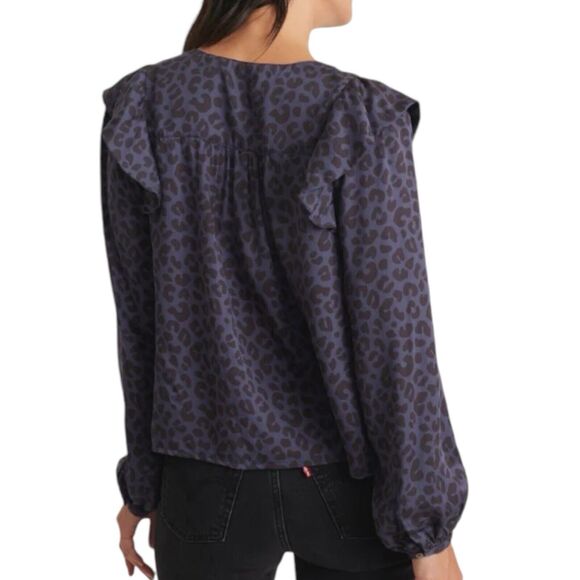 NWT Marine Layer Rory Blue Cheetah Print Ruffle Long Sleeve Blouse Size XS - Picture 2 of 8